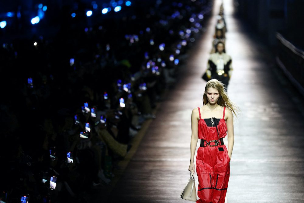 Model walks on the runway during the Louis Vuitton Fashion Show