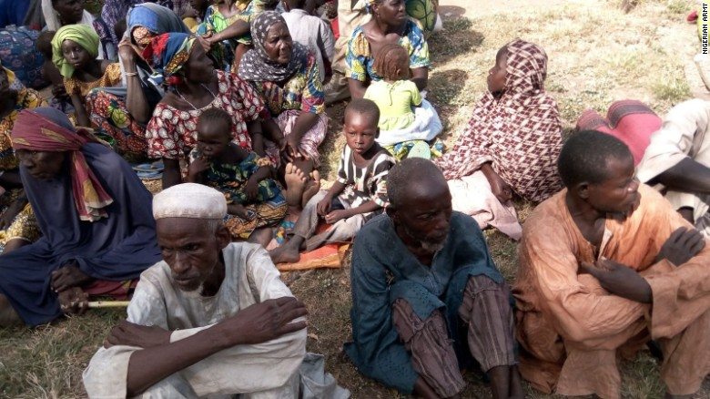  handout from the Nigerian army showing some of the 338 people freed from Boko Haram camps. Photograph: Nigerian army/AFP/Getty Images