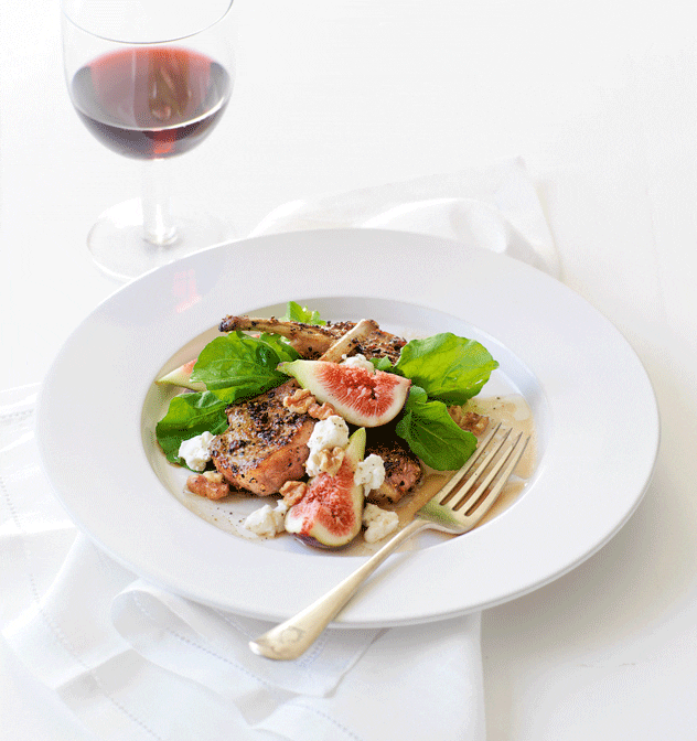 Lamb Cutlets with Fig, Rocket, Goat’s Cheese & Walnut Salad