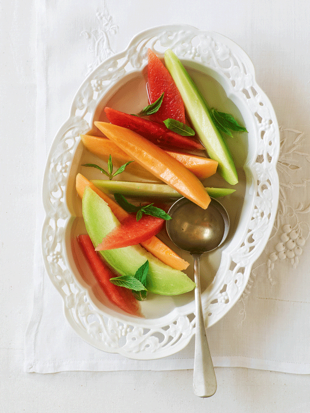 Melon Wedges with Mint & Malibu Syrup