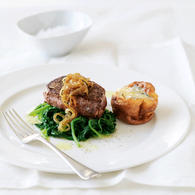 Venison Steaks with Caramelised Onion & Blue Cheese Popovers