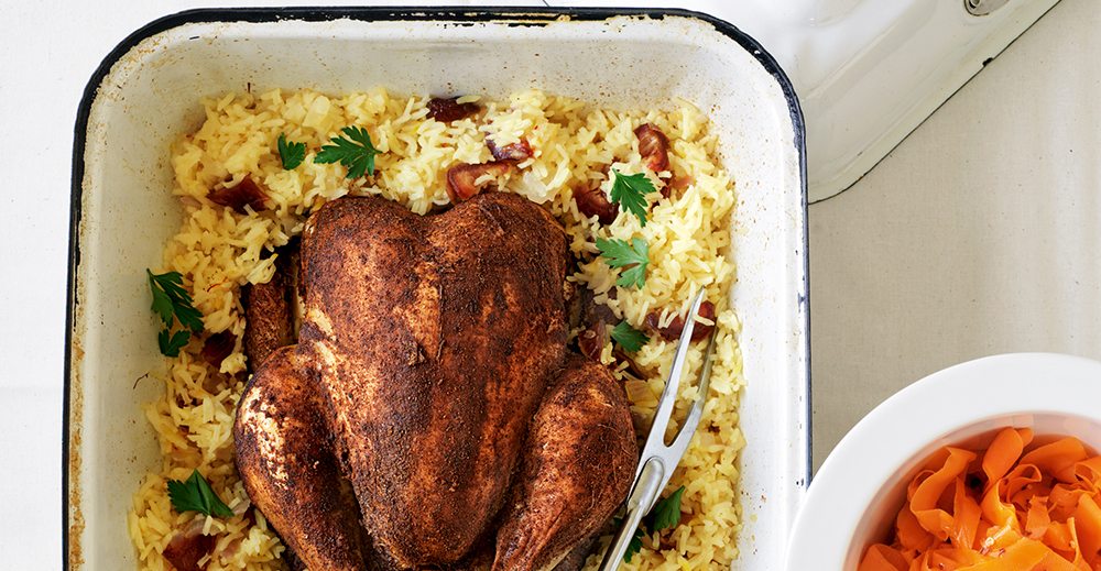Moroccan Chicken with Saffron Pilaf and Spicy Carrots