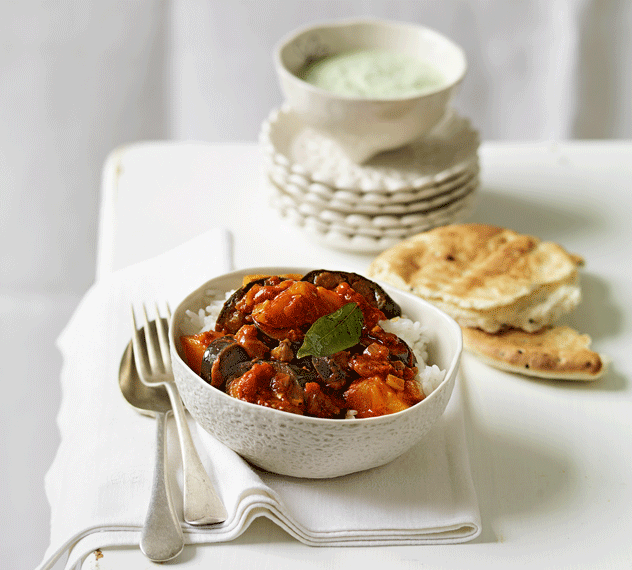 Eggplant and Potato Curry with Mint and Coriander Raita