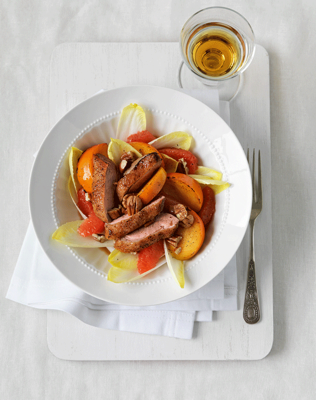 Duck Fillets on a Warm Salad of Persimmon, Ruby Grapefruit & Witlof