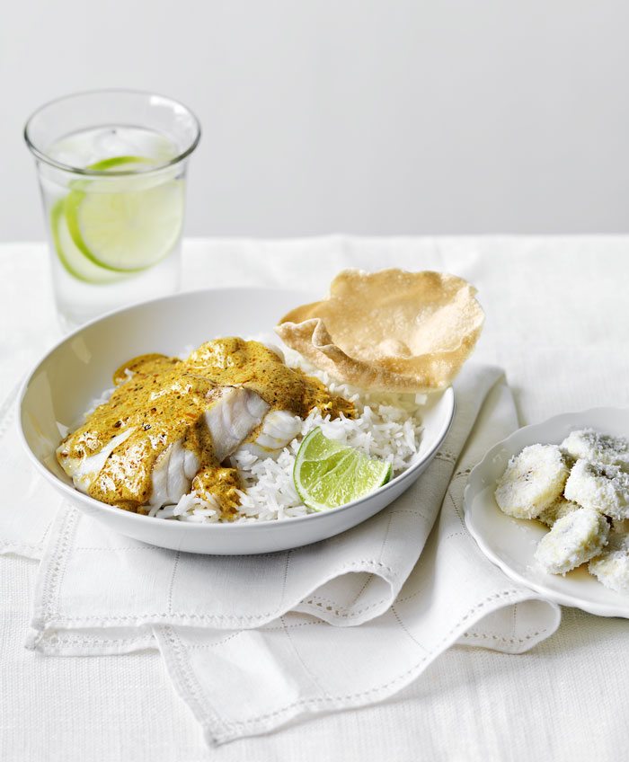 Indian Fish Curry with Lime and Coconut Bananas