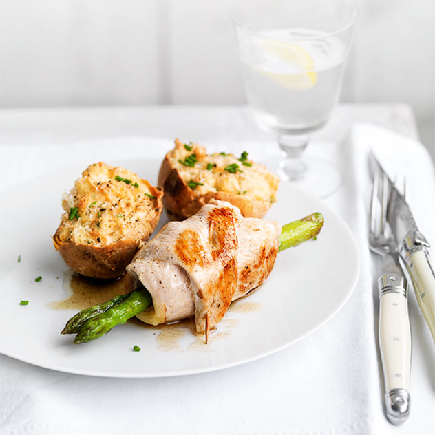Chicken, Asparagus and Gruyere Rolls with Souffle Potatoes