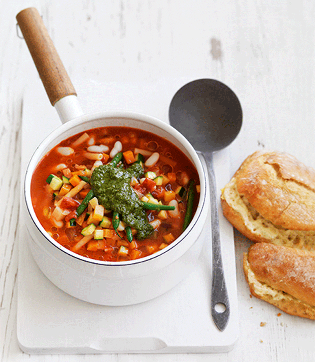 autumn vegetable minestrone soup with garlic and cheese rolls