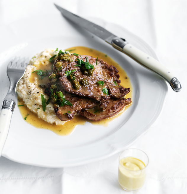 Beef Escalopes with Piquant Sauce and Celeriac Mash