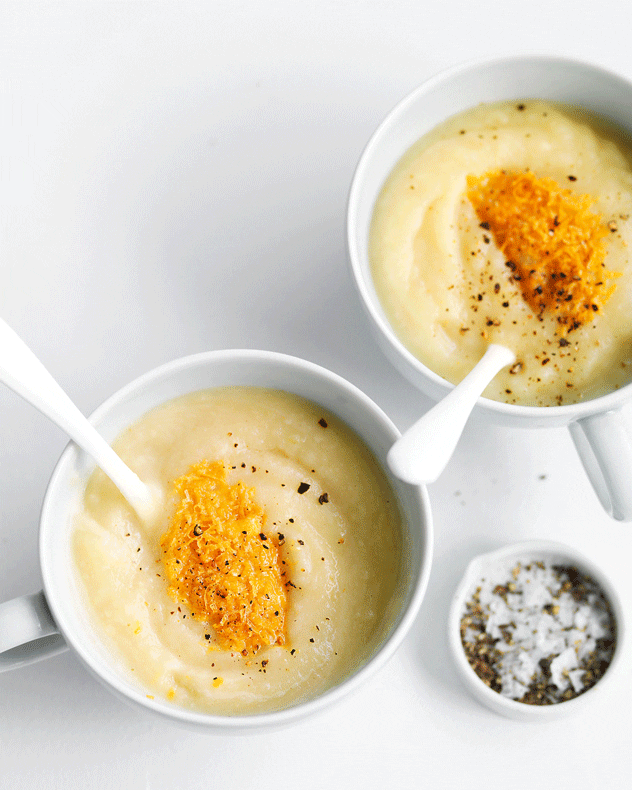Celeriac and  Apple Soup with Parmesan Chips