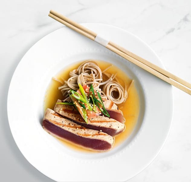 Chargrilled Tuna Steaks with Japanese Noodles and Ginger Broth