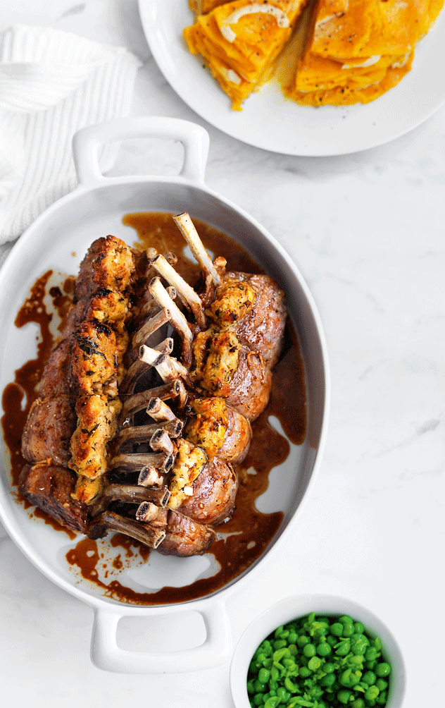 Lamb Racks with Mushy Peas and Pumpkin Bake