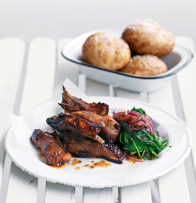 Sticky Lamb Ribs Recipe with Jacket Potatoes and Spicy Spinach