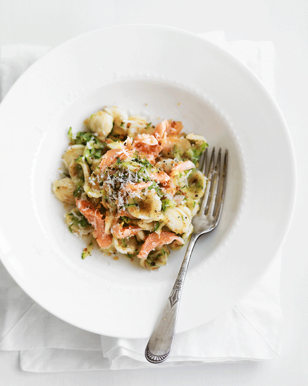Orecchiette with grated zucchini and smoked trout