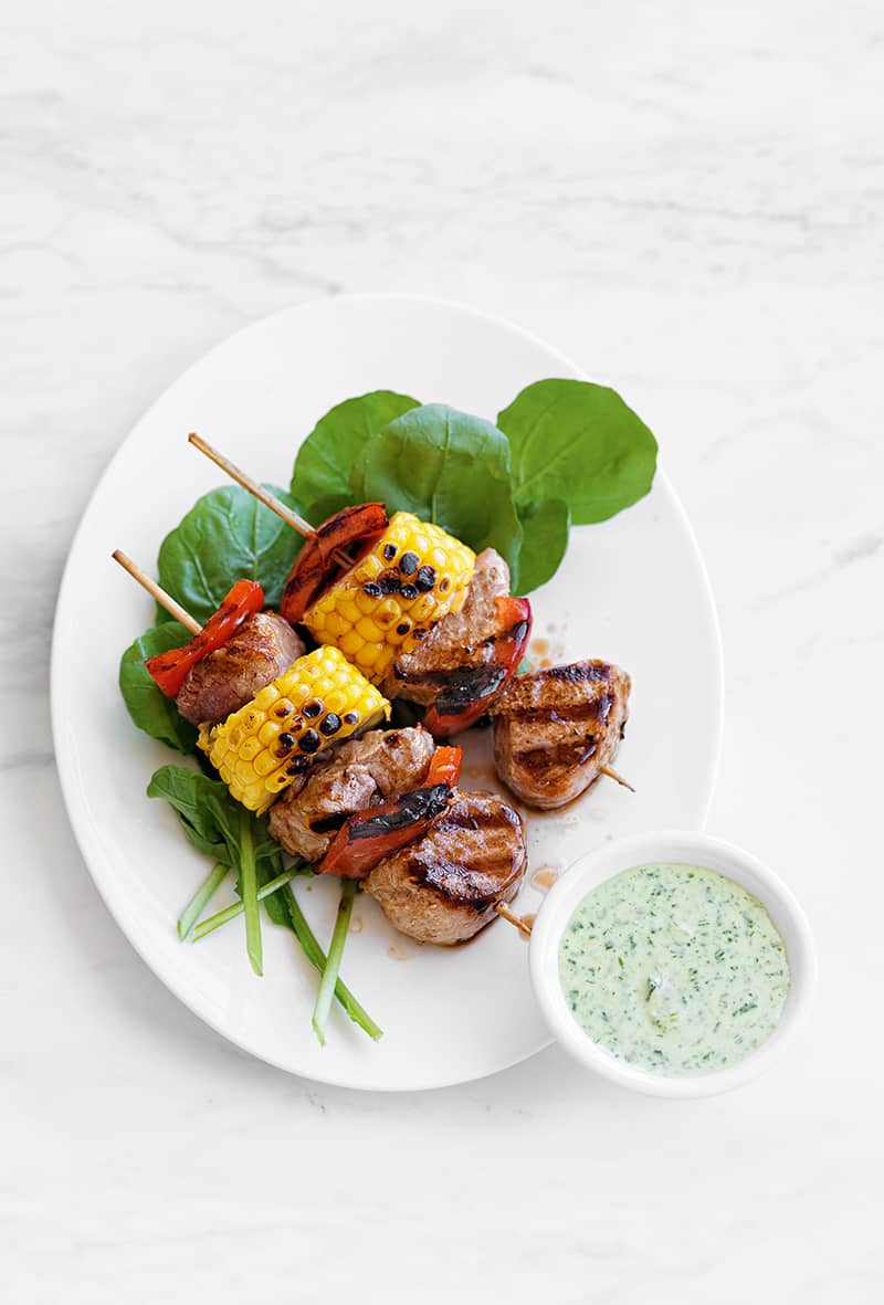 Pork, Sweetcorn and Capsicum Kebabs with Creamy Herb Mayonnaise