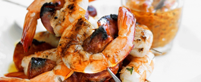 Prawn and Chorizo Cocktail Kebabs with Spicy Capsicum Sauce