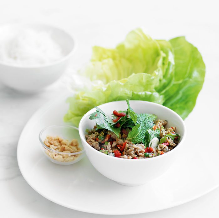 Pork Larb with Vermicelli Noodles in Lettuce Cups