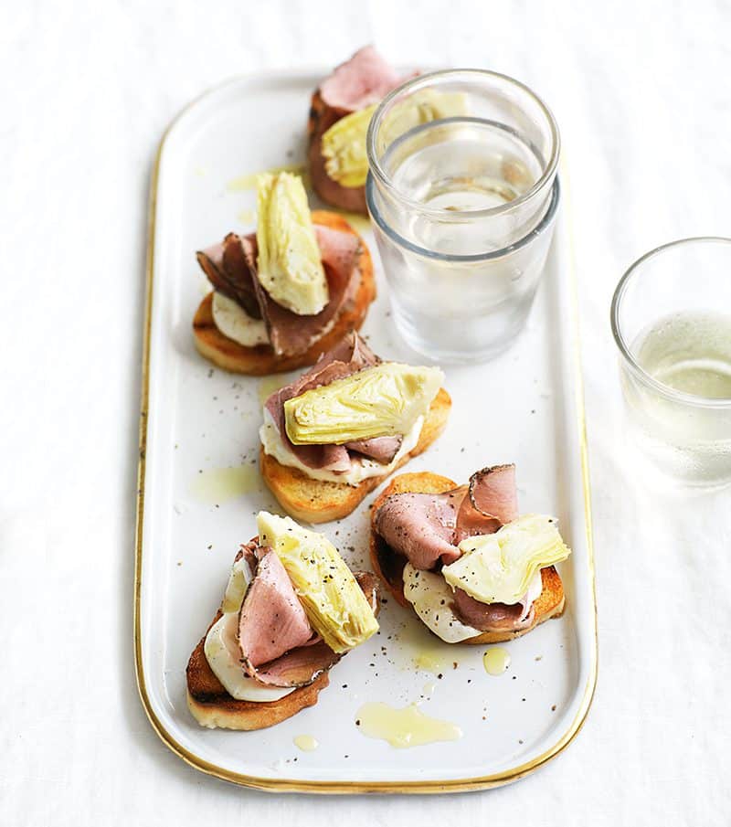 Rare Roast Beef, Goat’s Cheese and Artichoke Bruschetta