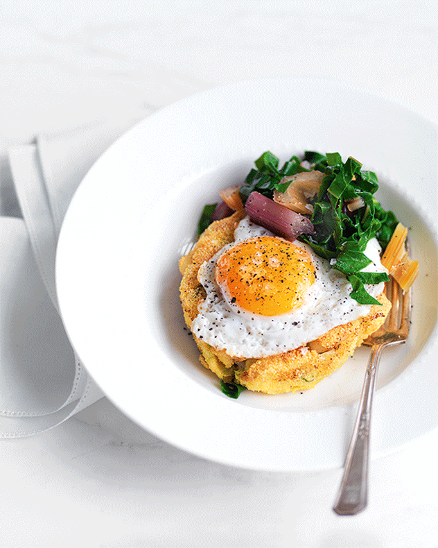 Fish Cakes with Rainbow Chard and Fried Egg