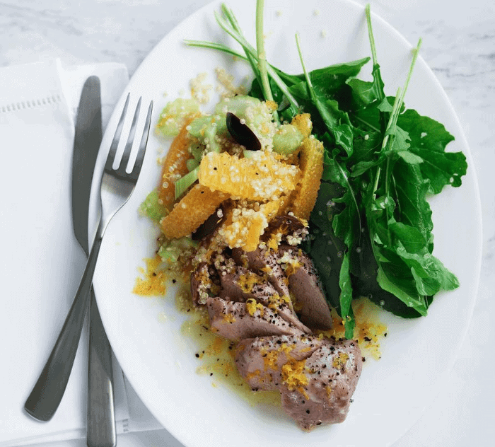 Pork Fillet with Warm Quinoa, Orange and Olive Salad