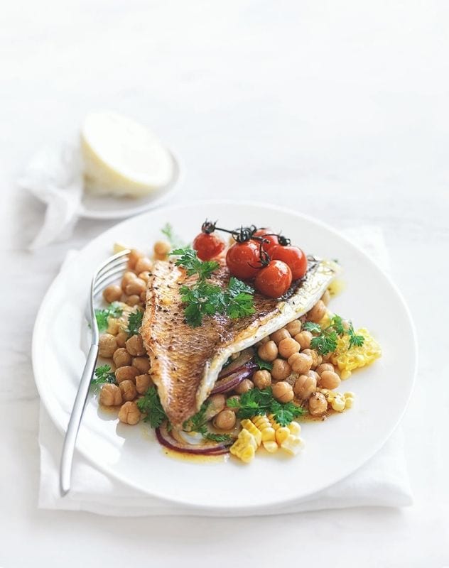 Crispy-Skin Snapper with Chickpea, Corn and Tomato Salad