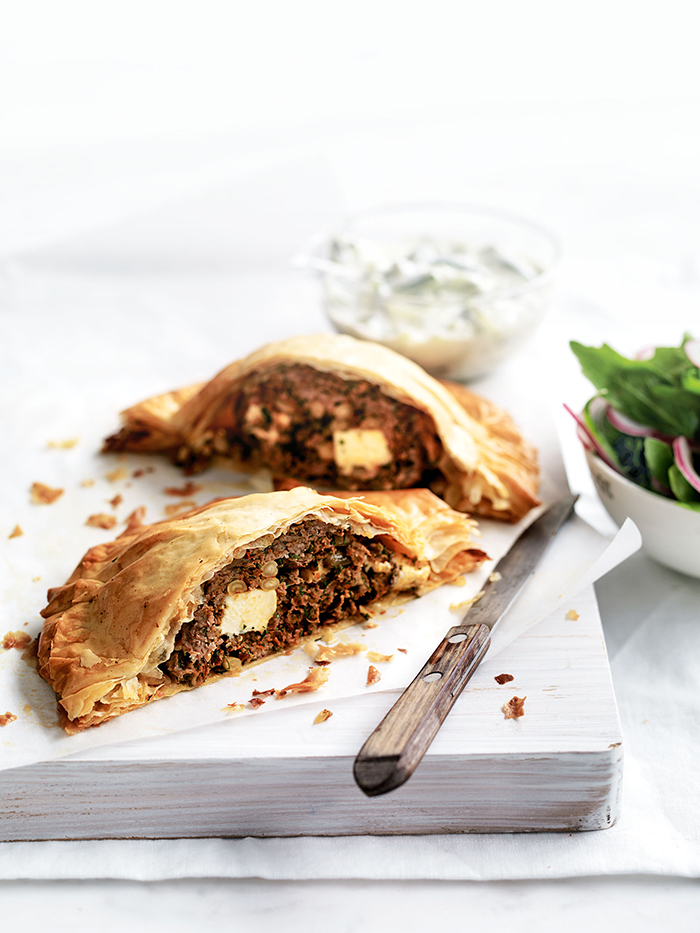 Spicy Lamb Pies with Pickled Onion and Tzatziki