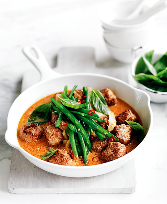 Red Curry Pork Meatballs with Chilli Basil & Beans