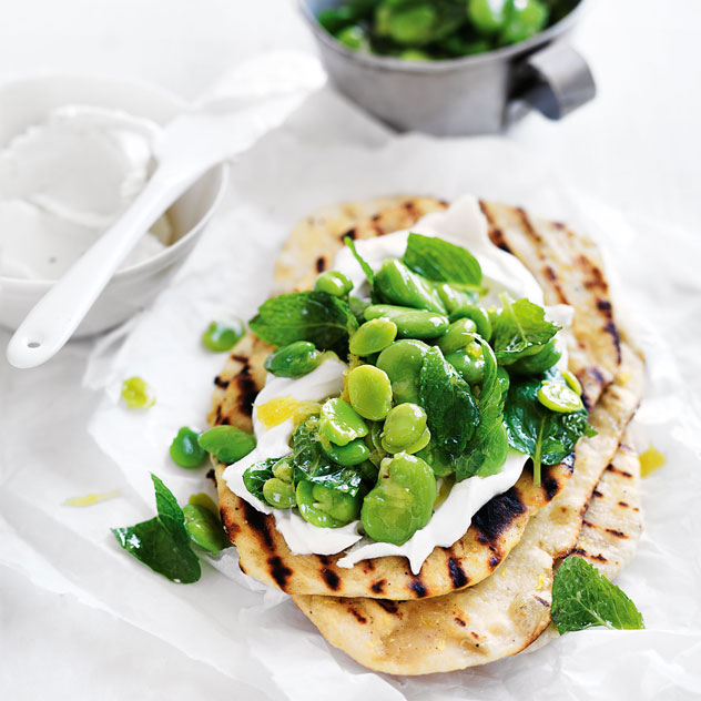 Garlic Flatbreads with Crushed Broad Beans & Goat’s Cheese