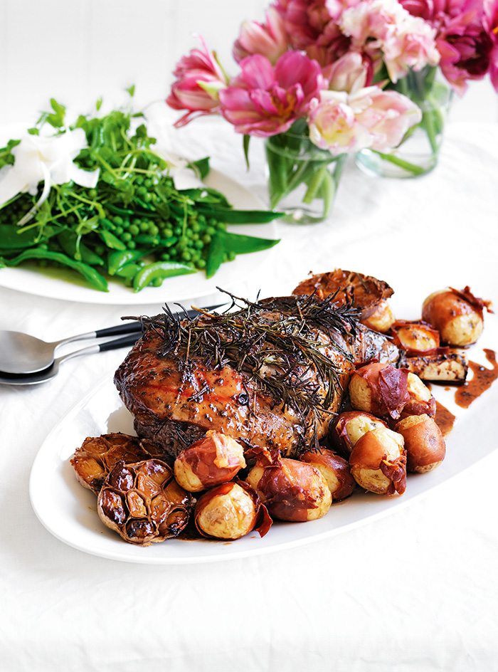 Rosemary-Studded Leg of Lamb with Golden Prosciutto Potatoes