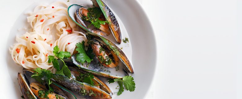 Steamed Green Lipped  Mussels with Lime, Garlic  and Coriander Dressing