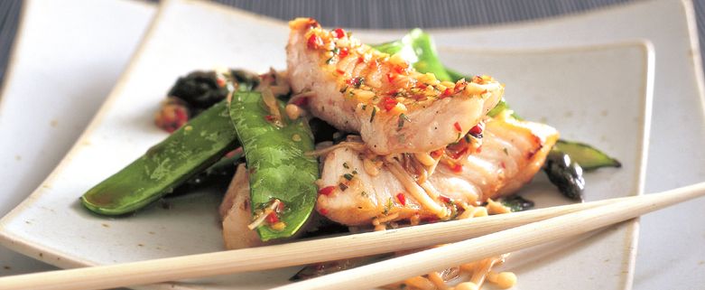 Stir-Fry Snapper with Asparagus, Snow Peas & Enoki Mushrooms