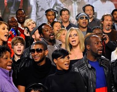 Actors and singers perform at a recording session of the 1985 song "We Are The World" to raise money for the Haiti earthquake, in Hollywood February 1, 2010.  Celebrities included Celine Dion, Barbara Streisand, Usher, Jeff Bridges & Vince Vaughan.