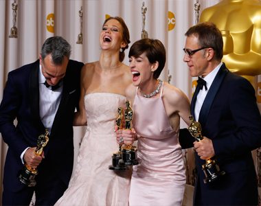 Daniel Day Lewis, best actor winner for "Lincoln," Jennifer Lawrence, best actress winner for "Silver Linings Playbook," Anne Hathaway, best supporting actress winner for "Les Miserables" & Christoph Waltz, best supporting actor winner for "Django Unchain. Mike Blake