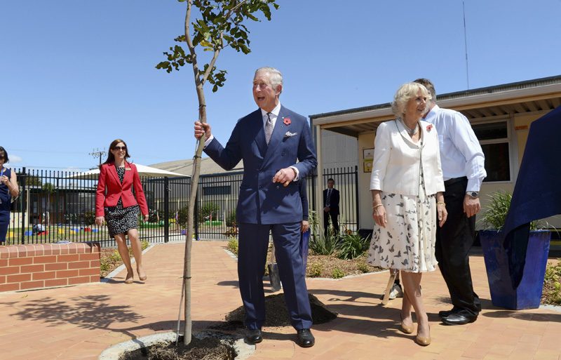 Britain's Prince Charles and Camilla, Duchess of Cornwall plant tree after inspecting student gardens during a visit to Kilkenny Primary School in Adelaide. REUTERS