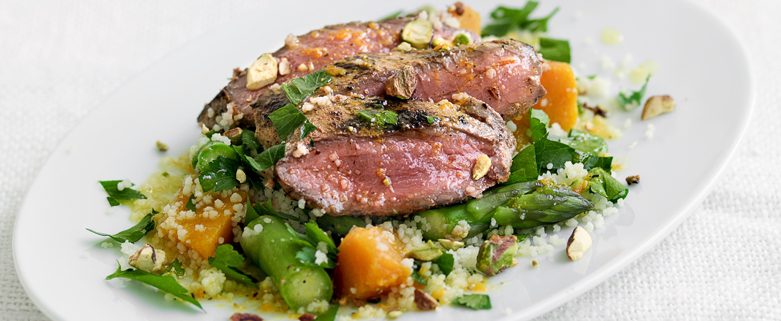 Spicy Lamb Backstraps with Asparagus and Pumpkin Couscous