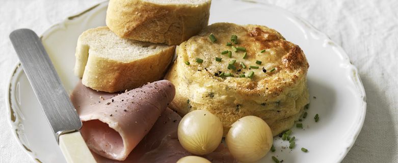 Twice-Cooked Cheese Souffles with Ham