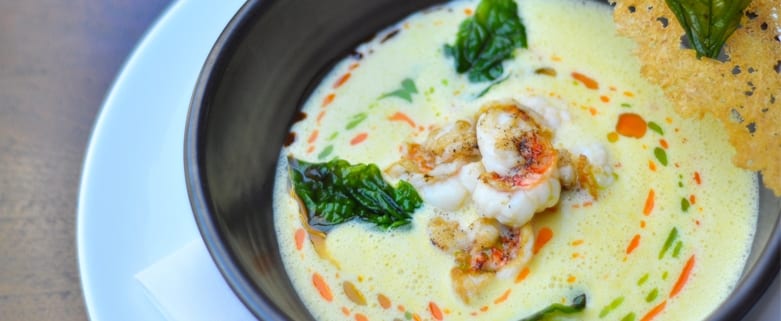Sweet Corn Soup with Poached Lobster Medallions and Spicy Prawn Oil