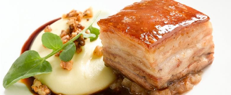 Caramelised Pork Belly with Feijoa, Apple Relish and Walnut Mash