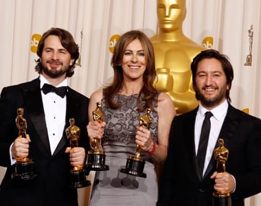 Winners Mark Boal (L), Kathryn Bigelow (C) and Greg Shapiro of the film "The Hurt Locker," display their Oscars at the 82nd Academy Awards in Hollywood.. REUTERS/Lucy Nicholson