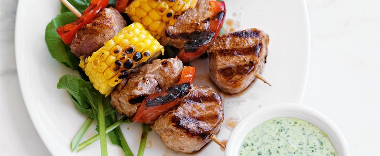 Pork, corn and red capsicum kebabs with creamy herb mayonnaise