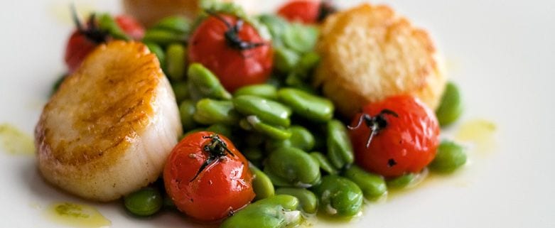 Grilled Scallops with Broad Beans and Roasted Tomatoes
