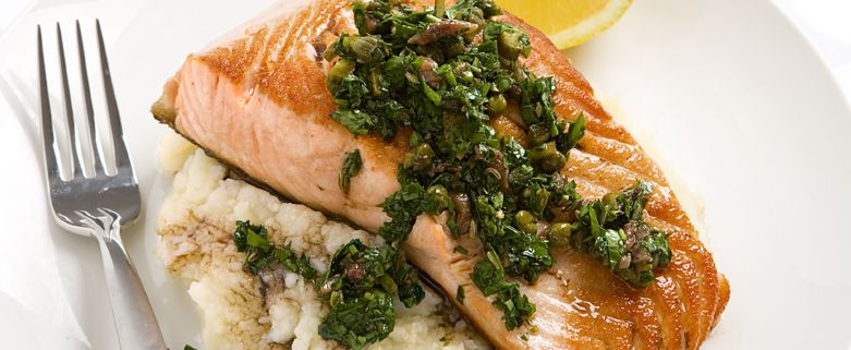Salmon with Garlic Mash  and Rocket Salsa Verde