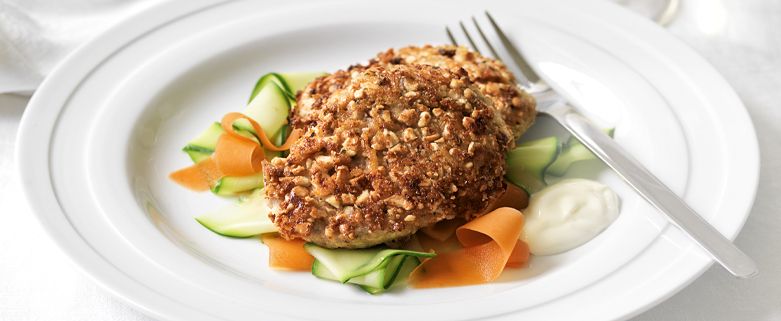 Cashew Crusted Pork Schnitzel with Carrot and Zucchini Ribbons
