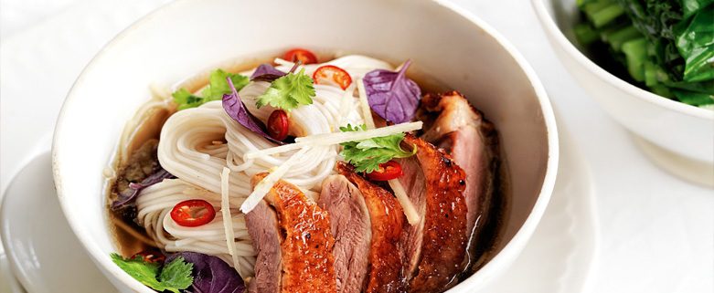 Barbecued Duck with Noodle Broth & Asian greens