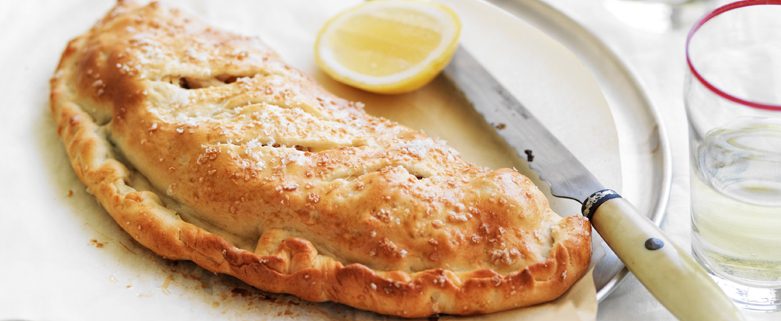 Chicken, pumpkin, cheese and spinach calzone