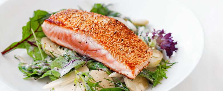 Sesame-crusted Salmon Fillets with Potato and Asparagus Salad