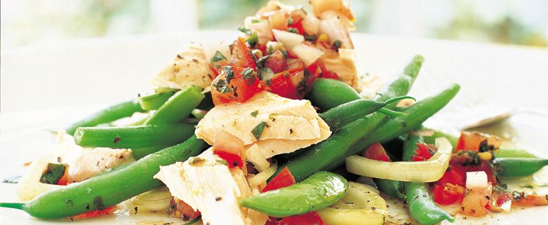 Poached Salmon and Green Bean Salad with Tomato and Anchovy Dressing
