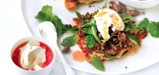 Okra and Feta Fritters with Spiced Lamb