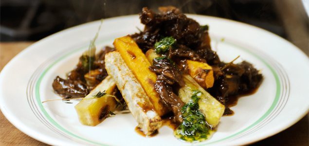 Oxtail Ragu with Roasted Root Veg and Gremolata Oil