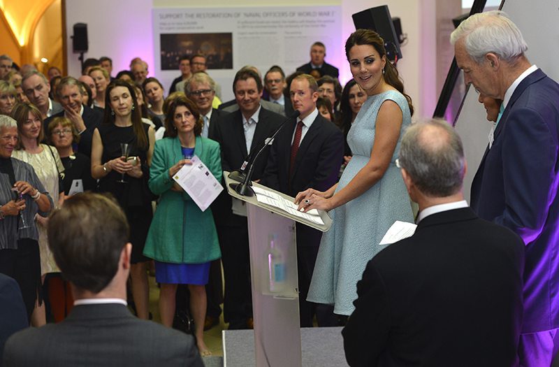 Britain's Catherine, Duchess of Cambridge speaks during an evening reception at the National Portrait Gallery in London