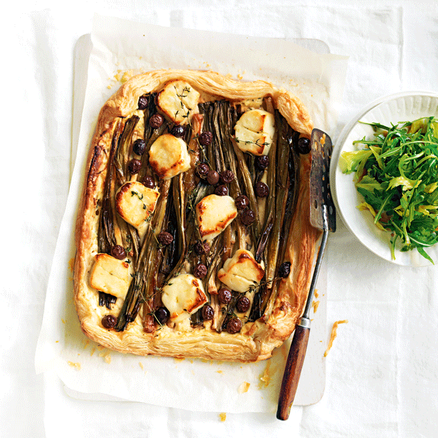 Pencil Leek, Haloumi & Olive Tart